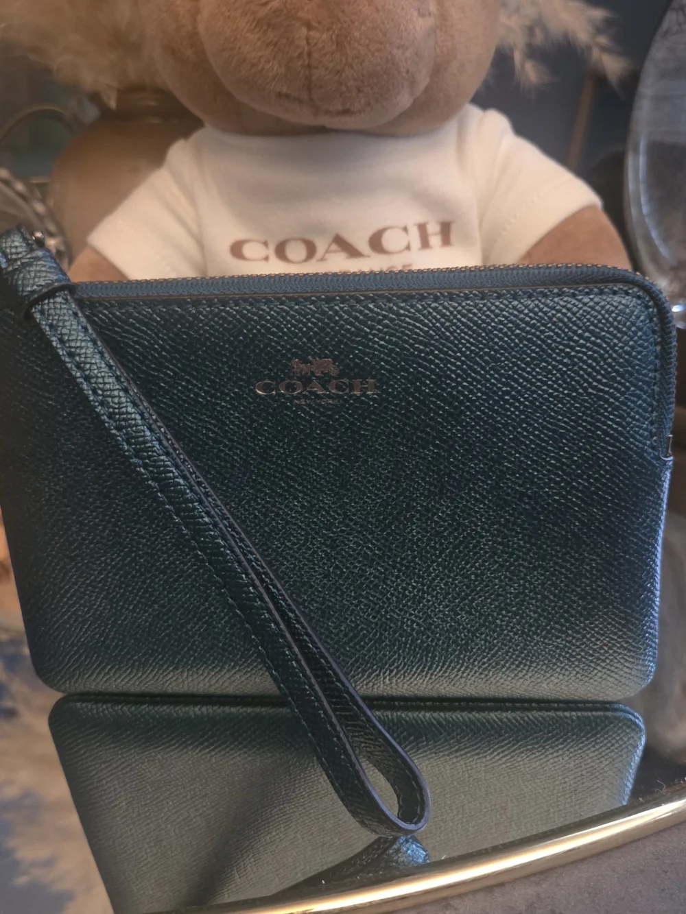Coach Dark Teal Green Crossgrain Leather Zip Wristlet Wallet
